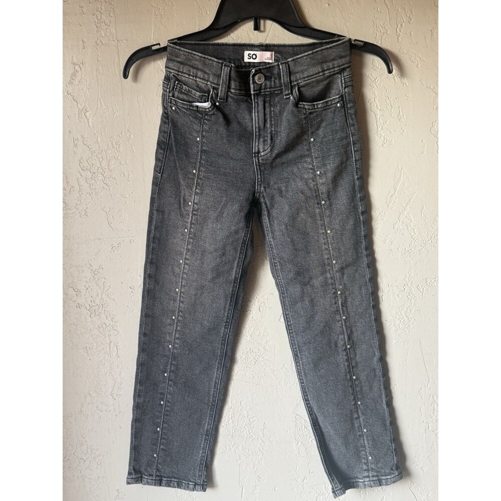 SO Girls Size 7 Faded Black Studded High Rise Straight Leg Denim Jeans